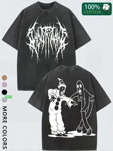 Unisex Y2K Style Clown Print Ghost Pattern Halloween Retro Washed T-Shirt, 100% Cotton, Casual Street Fashion, Perfect for Holiday Parties