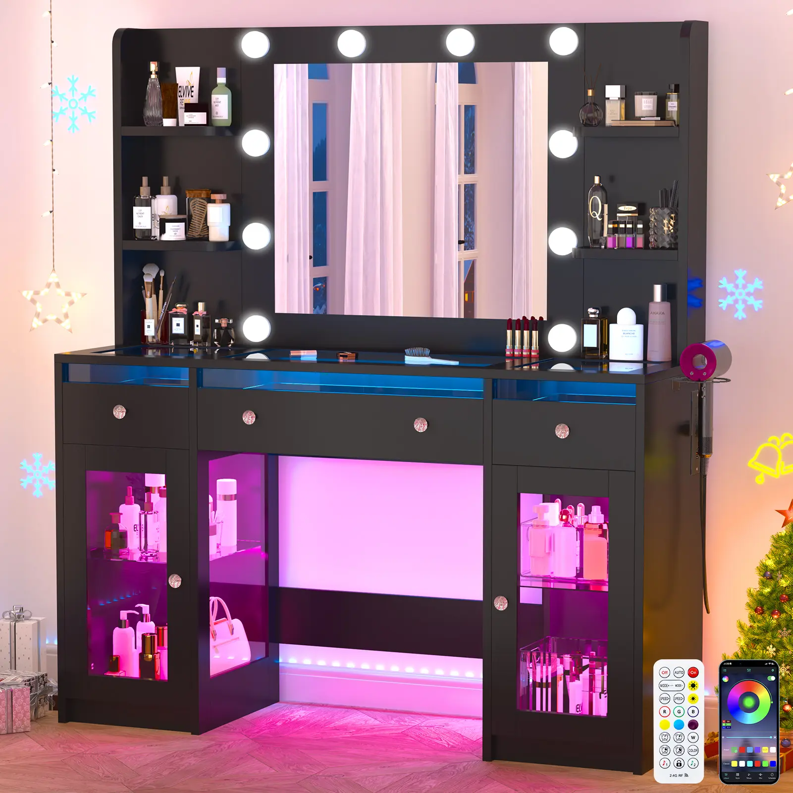47.2" Vanity Desk W/6000-Colors Lighting&Power Outlet,Makeup Vanity Desk W/LED Mirror and Lights 3 Colors,Transparent GlassTop W/3 RGB Drawers,Hair Dryer Hold,2 Large Tempered Cabinets for Bedroom