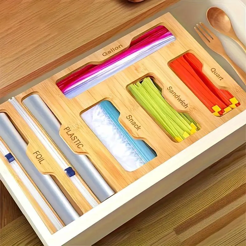 Bamboo Wood 6-in-1 Compact Kitchen Drawer Organizer - Kitchen Storage with Built-in Cutter, Aluminum Foil & Plastic Wrap Dispenser, 6-Item Holder (Gal, Qt, Sandwich, Snack Bags) & Organized Layout Racks