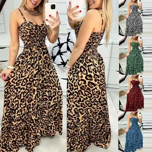 Women's Boho Leopard Print Maxi Dress Smocked V-Neck Summer Sundress