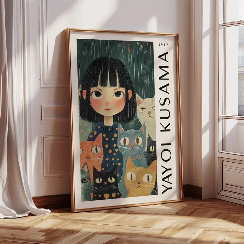 Quirky Girl and Cats Art Print – Yayoi Kusama Inspired Whimsical Wall Art for Bedroom, Dorm Room Poster  Unique Print for Living Room Wall