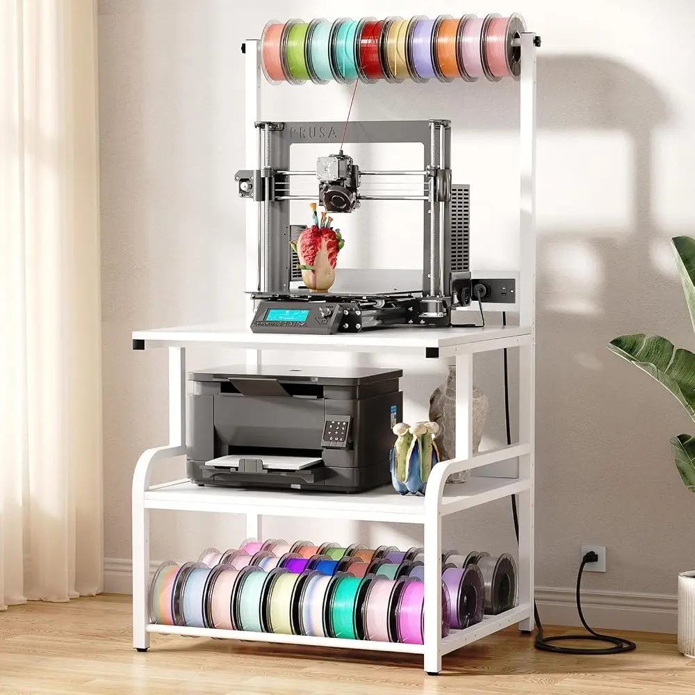 Homieasy Sturdy 3D Printer Stand Filament Storage Rack with Charging Station, Heavy Duty 3D Printer Table with 4-Tier Storage Shelves for PLA, ABS, PETG, Large Rolling Printer Cart with Filament Storage for Office, Workshop, Garage