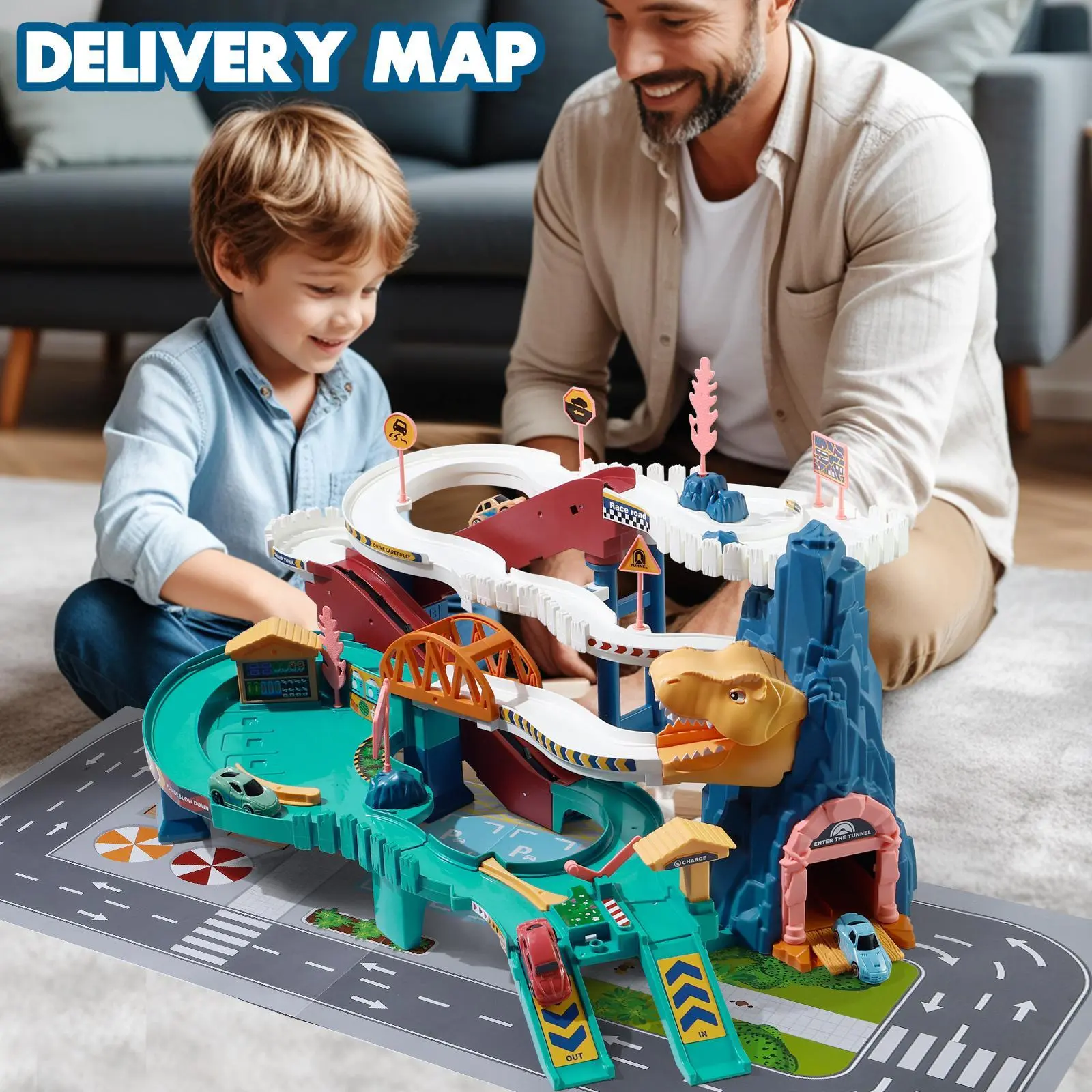 King Size Dinosaur Adventure Theme Eco-Plastic Building Block Playset - Eco-Friendly Car Ramp & Elevator Track, Parking Garage, Green Sports Car Toy for Kids, Enhances Hand-Eye Coordination & Parent-Child Interaction, All Seasons Use