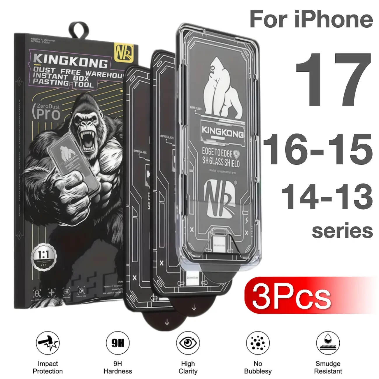3-Pack Apple iPhone 17e 17 16 15 14 13 Pro Max Plus Air Protective Tempered Glass Screen Protectors, Military Grade Protection, Auto-Align, Dust-Free, Bubble-Free, Smooth Feel, 9h Hardness, Cellphone Accessories