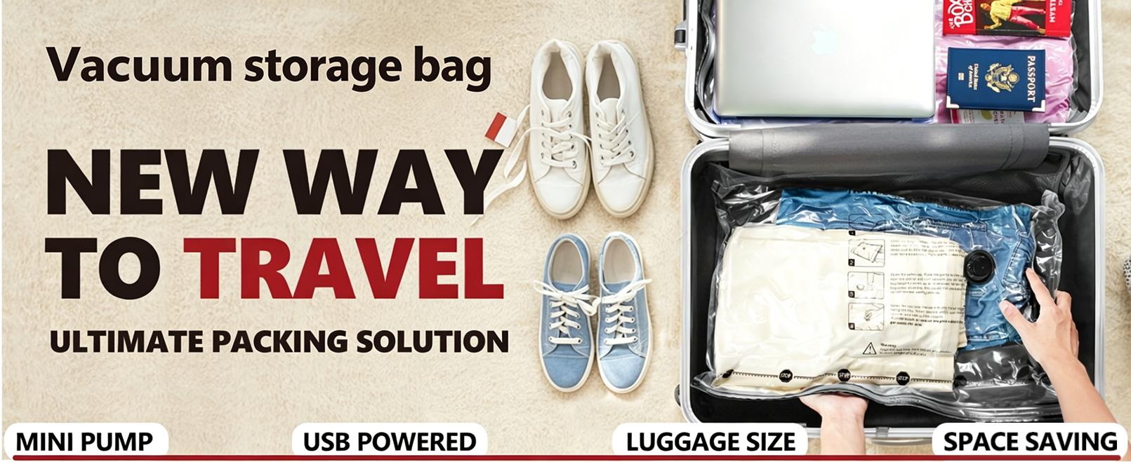 [2026 Upgraded] Travel Vacuum Storage Compression Bag Set (15-Pack Reusable Zipper Bags, 3 Sizes) with Rechargeable Air Pump, 140L/Min Powerful Air Removal, Waterproof Space Saver Organiser for Carry-On Suitcases, Vacuum Seal Compression