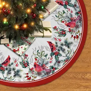 Christmas Tree Skirt 48Inches Winter Cardinal Birds Xmas Tree Skirt, Red Poinsettia Floral Holly Leaves Christmas Tree Mat for Home Party Holiday Indoor Outdoor Decorations (Red, 48In) GYHUAD