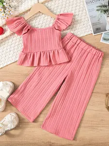2pcsGirls' Summer Set, Bowknot Fashion Design, Short Sleeve Top & Long Pants, Casual Wear for Kids, Perfect for Daily Use, Fashion Style Sets, Baby Girl Clothes