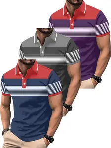Men's 3-Pack Polo Short Sleeves with Number Print, Gradient Stripes, Casual Slim-Fit Pullover Shirt with Buttons