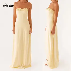 Women Yellow Tube Top Maxi Dress Floral/Solid Ruched Off Shoulder Sleeveless A-line Evening Dress for Party Club