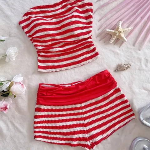 Two-piece Set Women's Striped Print Crop Tube Top & Low Waist Shorts, Casual Fashion Outfits for Daily Wear, Ladies Clothes for All Seasons, Suits, Womenswear, Summer Beach Set, Summer Clothing Set, Stretchy Outfit Sets, Striped Printed Set