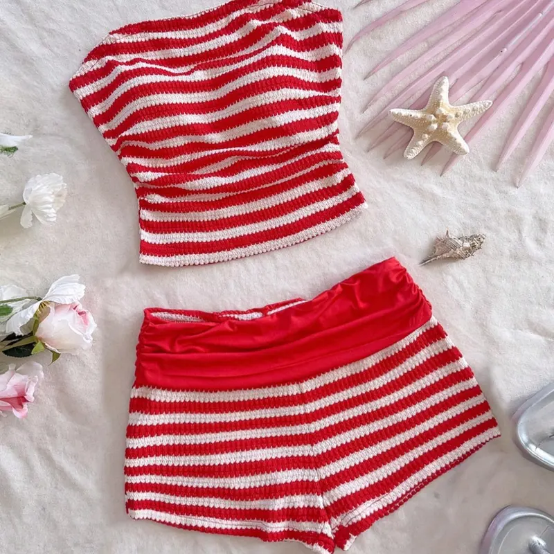 Two-piece Set Women's Striped Print Crop Tube Top & Low Waist Shorts, Casual Fashion Outfits for Daily Wear, Ladies Clothes for All Seasons, Suits, Womenswear, Summer Beach Set, Summer Clothing Set, Stretchy Outfit Sets, Striped Printed Set