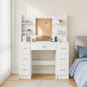 Large Dressing Table with Mirror, LED Lights, and Power Outlets,Features 7 Drawers and 6 Shelves , Ideal for Bedrooms and Dressing Rooms (White) Pantry