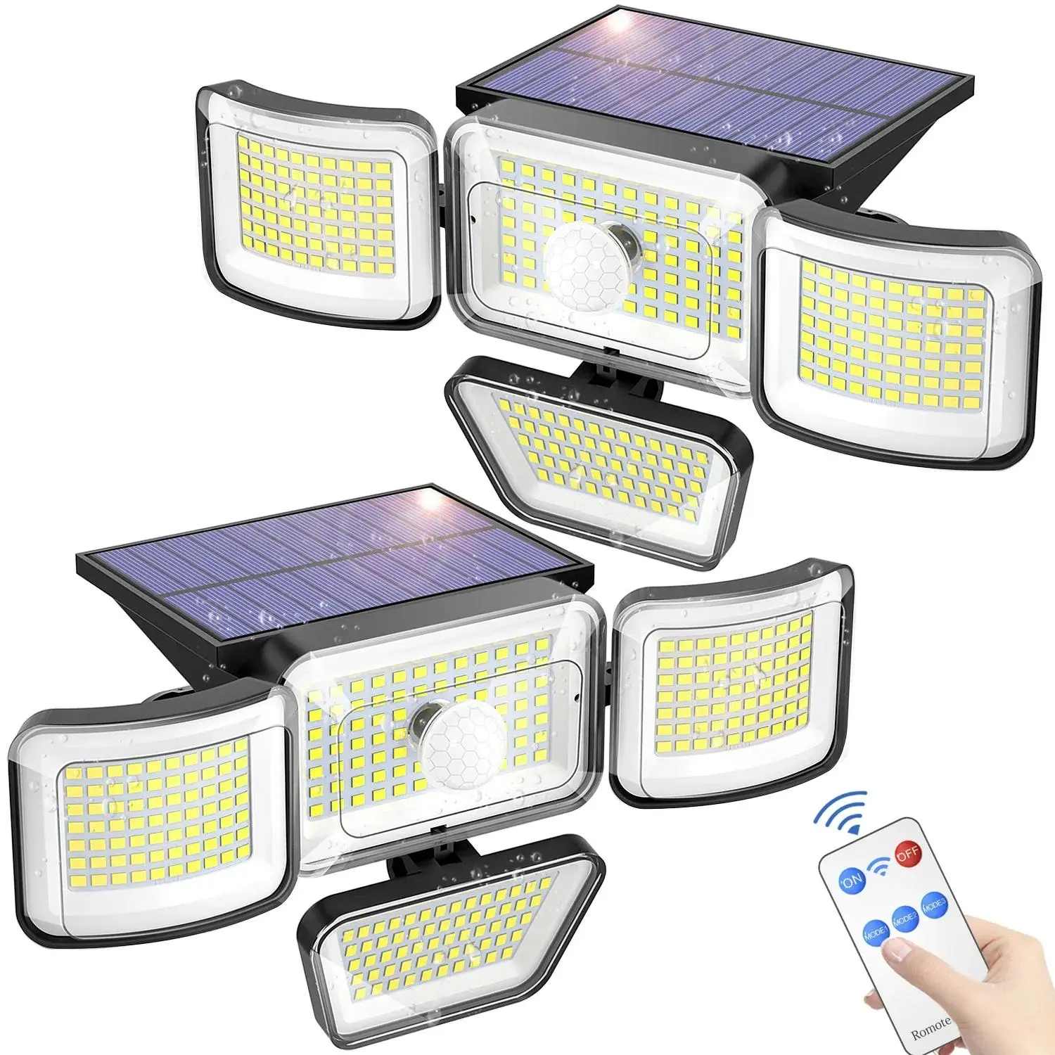KHTO Solar Outdoor Motion Sensor Security Lights, 2-Pack 278LED 3000LM IP65 Waterproof 4-Head Wall Lamp with Remote Control, 3 Modes Super Bright Flood Lights for Garden, Garage, Patio