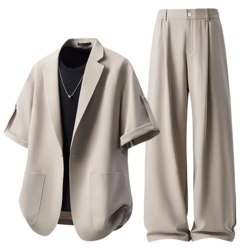 Men's 2-Piece Casual Fashion Set - Stylish Summer Shortsleeve Suit, Classic Plain Notched Lapel Blazer with Large Pockets & Button Front, Straight-Leg Trouser with Half-Elastic Waistband for Everyday Wear, Men's 2 Piece Sets, Trousers/Leggings