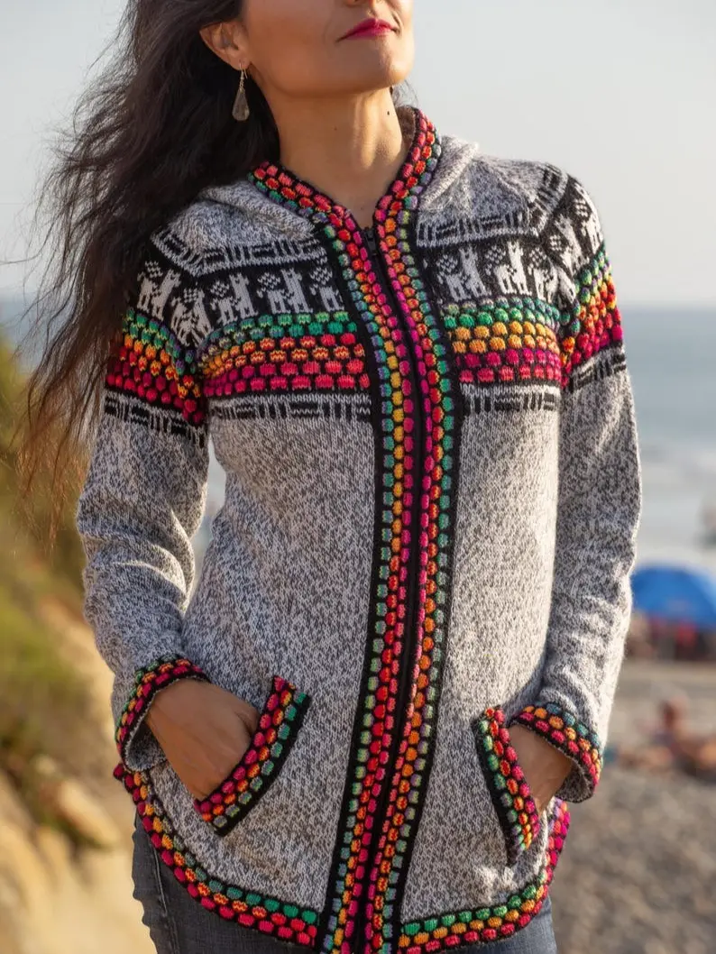 Womens Soft Alpaca Wool Blend Knitted Hooded Sweater Jacket, Womens Cardigan, Boho Sweater