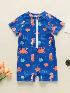 Boy's One-Piece Swimsuit, Swimsuit Style, Cute Casual Short Sleeve Swimwear for Beach Holiday Vacation, Kids Summer Clothes