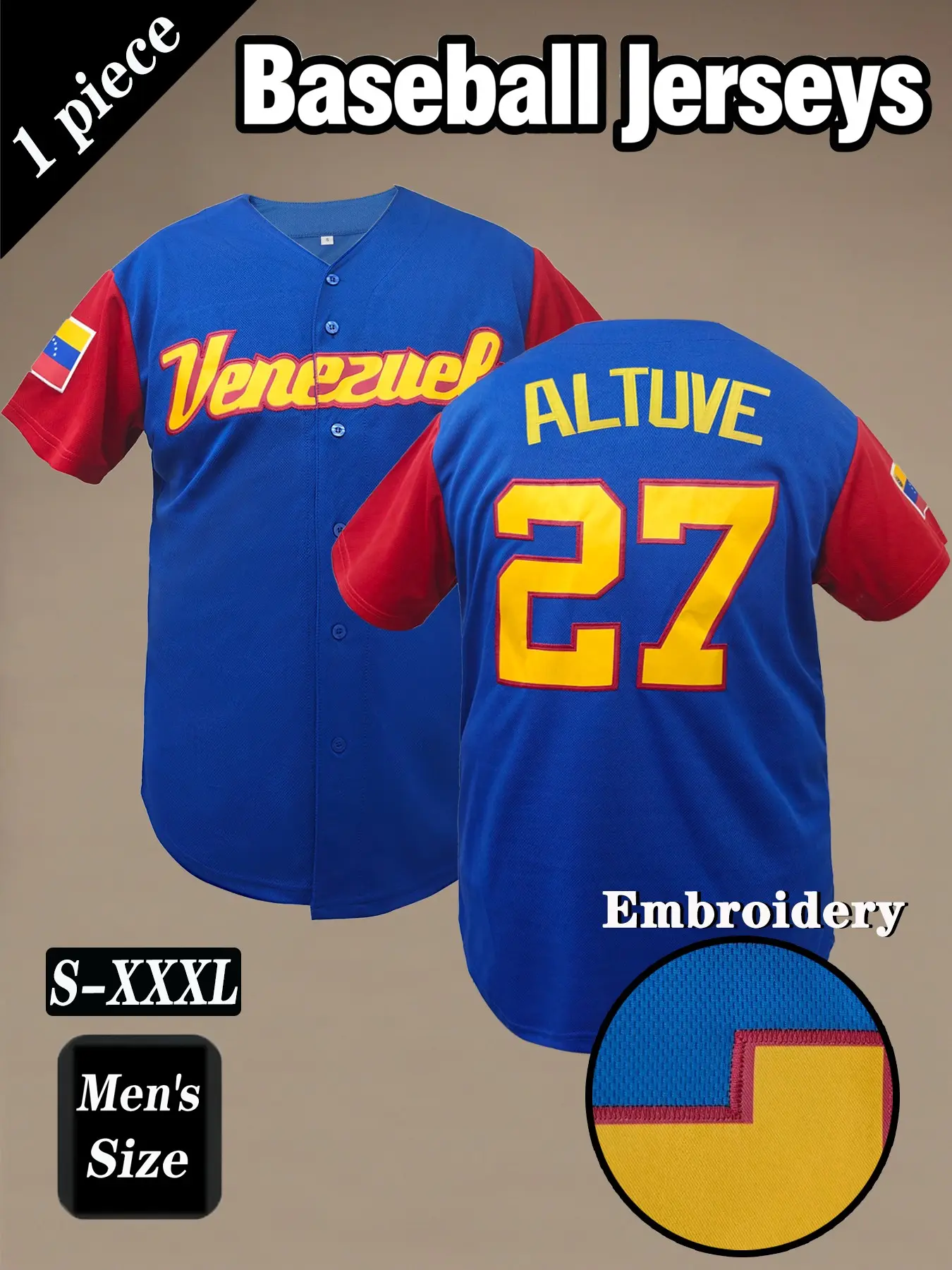 Men's Venezuelan baseball jersey, # 27 Blue and red letter embroidery, loose fit, breathable fabric, suitable for training and games, street fashion hip-hop style, unisex holiday gift