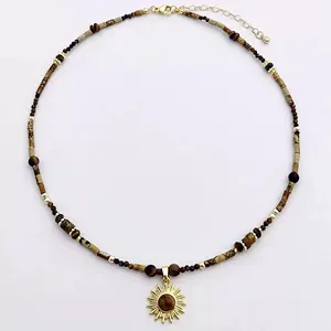 Women's Boho Tiger Eye Sun Pendant Beaded Necklace - Vintage Brown Natural Stone Choker, Gold Sun Charm Layered Piece - Beach Vacation Jewelry Gift