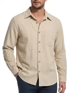 Men's Linen Shirt, Classic Plain Long Sleeve Button-Up Design, Mandarin & Band Collars, Ideal for Beachwear, Vacations, Weddings