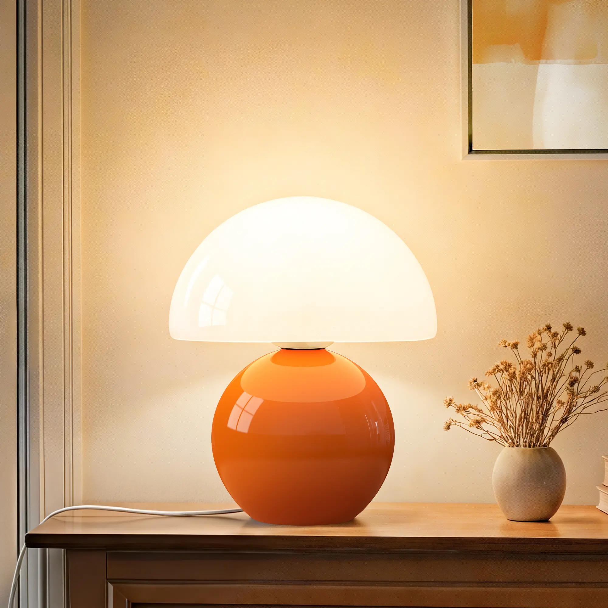 Dawnwake Ceramic Base Mushroom Table Lamp ,Bedside Nightstand Glass Lamp for Bedroom,White Unique Aesthetic Cute Small Night Light for Living Room