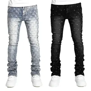 Men's stretch jeans ripped stack jeans spliced distressed jeans Y2k Harajuku Emo hip hop pants, pearl jeans