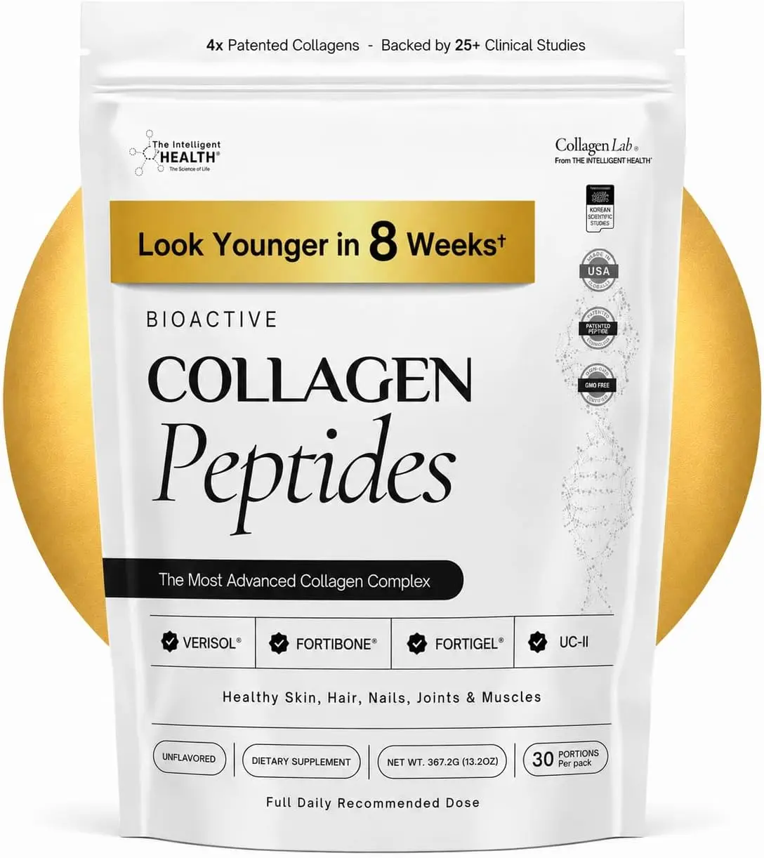 The Intelligent Health VERISOL®, FORTIBONE® & FORTIGEL®, Patented Bioactive Collagen Peptides Powder, Bone Support Functional Blend, Grass Fed Bovine Hydrolyzed Collagen, Unflavored, 30 Servings