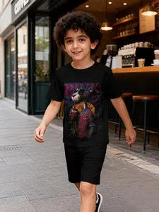Two-piece kids outfit for boys in pixel-style black panther theme, short sleeve and shorts set. Made of 100% polyester, casual and loose fit. Features fun printed patterns for summer, outdoor sports T-shirt set, an ideal gift for boys.