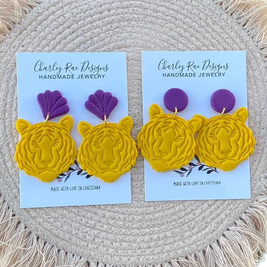 Purple and golden yellow tiger dangles  Casual football tigers LSU