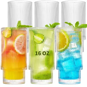 6 Pack Ribbed Drinking Glasses, 16 oz Vintage Glass Cups, Highball Glasses, Premium Iced Coffee Glasses, Clear Glass Tumbler, Cocktail Glasses, Elegant Glassware for Water Juice Whiskey Beer