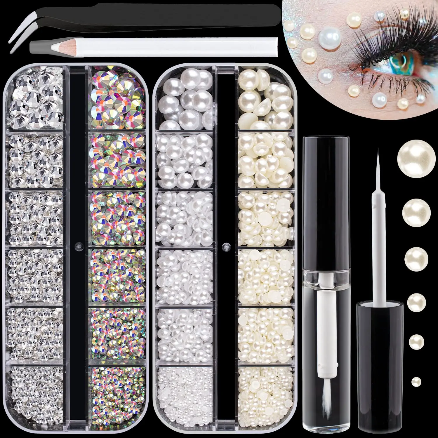 Rhinestones & Pearls Nail Art Kit – AB Crystals, Beige Pearls, Glue & Tools