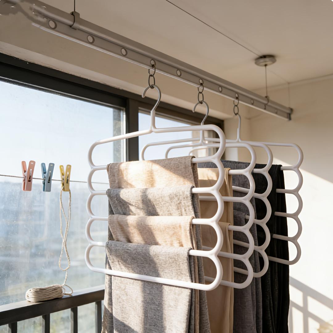 10 Pack 5-Tier Plastic Pants Hanger - Space Saving Closet Organizer with White Hooks, Multi-Functional Hanger for Pants Skirts Scarves, Durable Compact Storage for Apartment