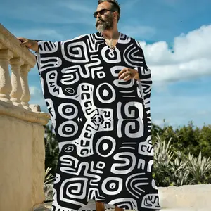 Men's Abstract Print Vacation Pullover Caftan Robe, Modern Art Graphic Long Sleeve Closed Front Kimono Cover Up, Lightweight Beach Pool Lounger Robe, Resort Sleep Shirt for Men