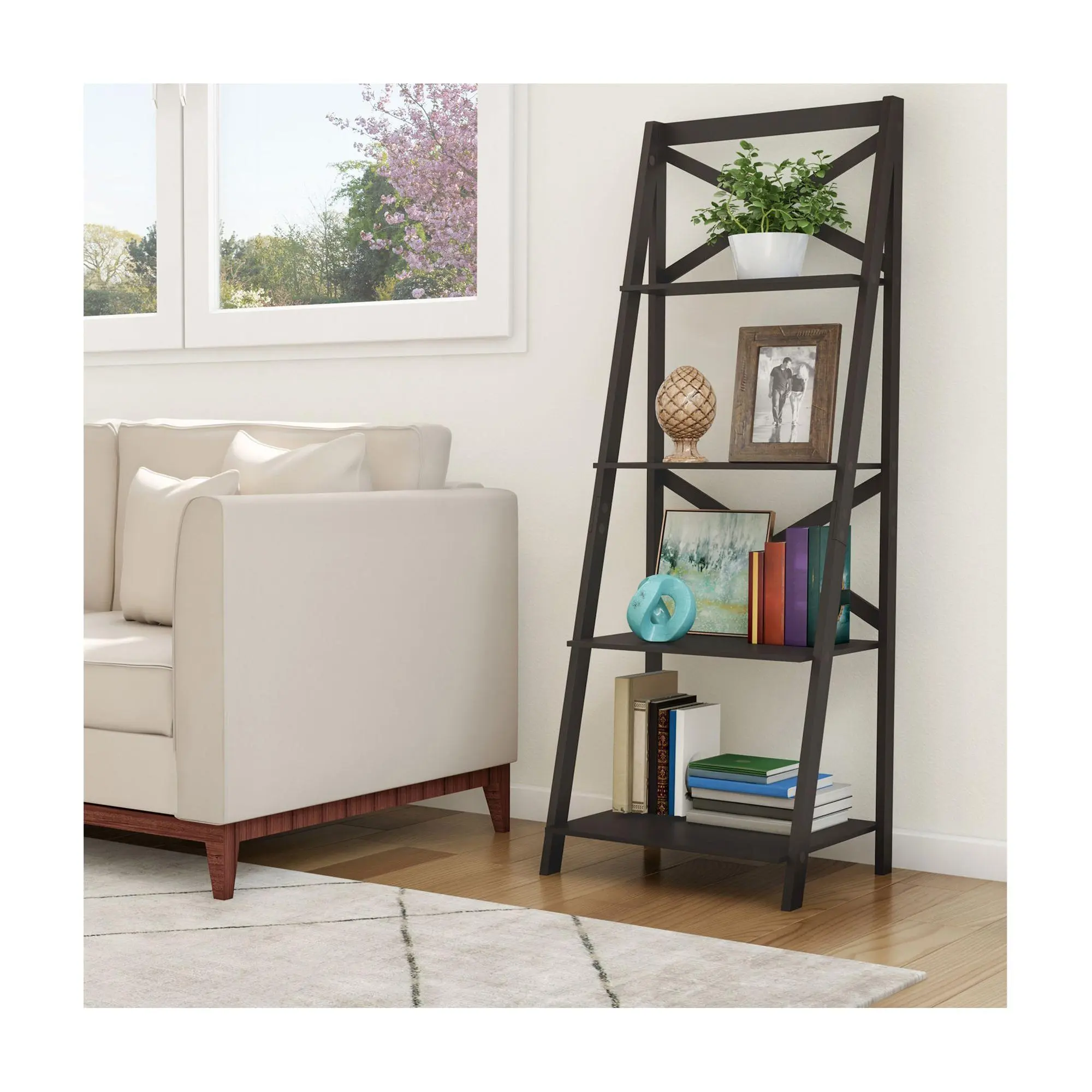 Lavish Home 4-Tier Ladder Bookshelf with X-BackFrame