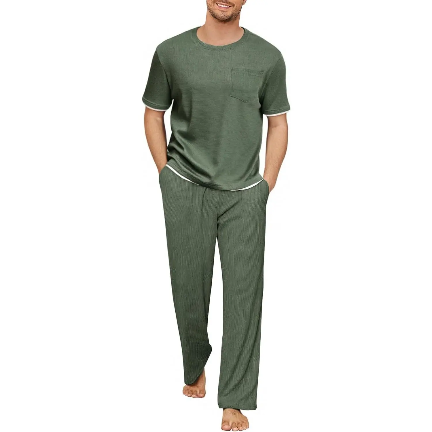 Men's 2-Piece Soft Polyester Waffle Knit Pyjama Set - Short Sleeve Round Neck Top with Chest Pocket, Elastic Drawstring Loose Lounge Pants with Pockets, Stitched Cuffs, for Sleepwear, Lounging, Watching TV, Classic Menswear