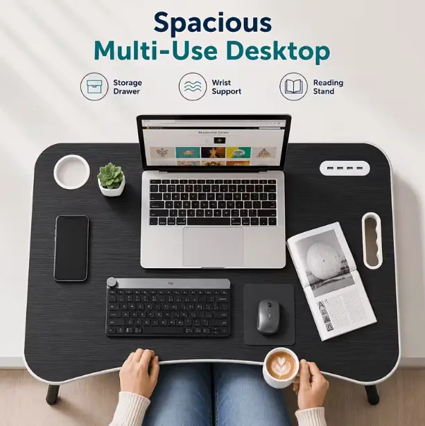 Foldable Laptop Bed Tray Desk, Equipped with Cup Holder, Drawer, Tablet Slot, LED Light, Mini Fan & USB Ports, Matching 39.37 Inch USB A to Type C Cable Included