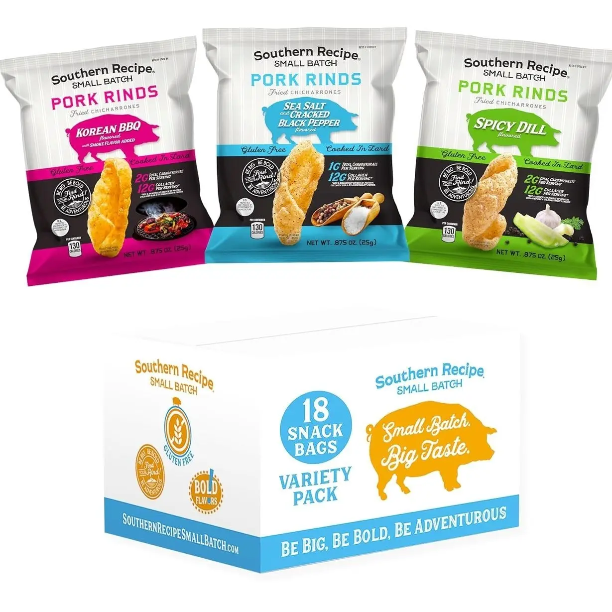 Pork Rinds Variety Pack | Salt & Pepper, Korean BBQ, & Spicy Dill | Southern Recipe Small Batch Chicharrones | Keto Friendly & Low Carb | Snack Bag (18 Count)
