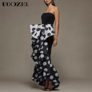 UOOZEE Women's Tight Polka Dot Formal Bodycon Maxi Tube Dress Bow-embellished Strapless Evening Dresses Casual Elegant Party Skinny Women's Wedding Guest Dresses(Sizing Runs Really Small - Check Size Guide or Order Larger)