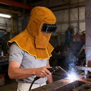 (3-piece set) Cowhide sun hat helmet + cowhide gloves, with auto-darkening filter, work helmet, yellow full-face helmet with neck and shoulder protection