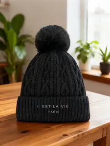 Unisex Trendy Pom-Pom Beanie, Breathable & Comfortable, Geometric Pattern, Ideal for Sports & Casual Wear, Fits Both Men & Women