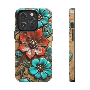 Unique iPhone 16, 15, 14, 13, 12, 11 Pro Max Case, Western iPhone Case, Faux Tooled Leather iPhone 16 Case, Turquoise Floral iPhone Case, Western Style Cowgirl Boho Flowers, Rodeo Gift, Country Girl Accessory
