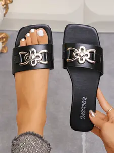 Women's One-Step Flat Sandals, Stylish, Synthetic Fabric, Square Toe Design, Buckle Strap, Soft Insole, Casual and Formal Wear