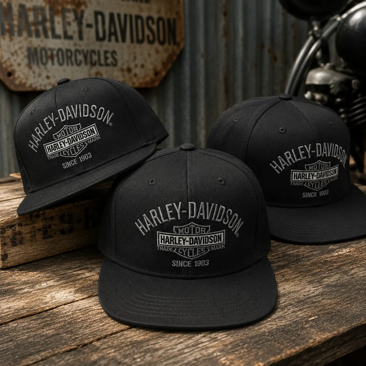 Harley Inspired Embroidered Snapback Hat, Vintage Black Flat Bill Baseball Cap, Unisex Streetwear Motorcycle Rider Hat