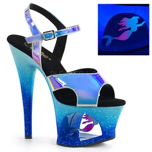 Women's Blue Ombre Prom Sandals with Ankle Strap, 7-Inch High Heel, and Iridescent Glitter Platform Featuring a Blacklight Reactive Mermaid Cut-Out, MOON-711MER, Footwear