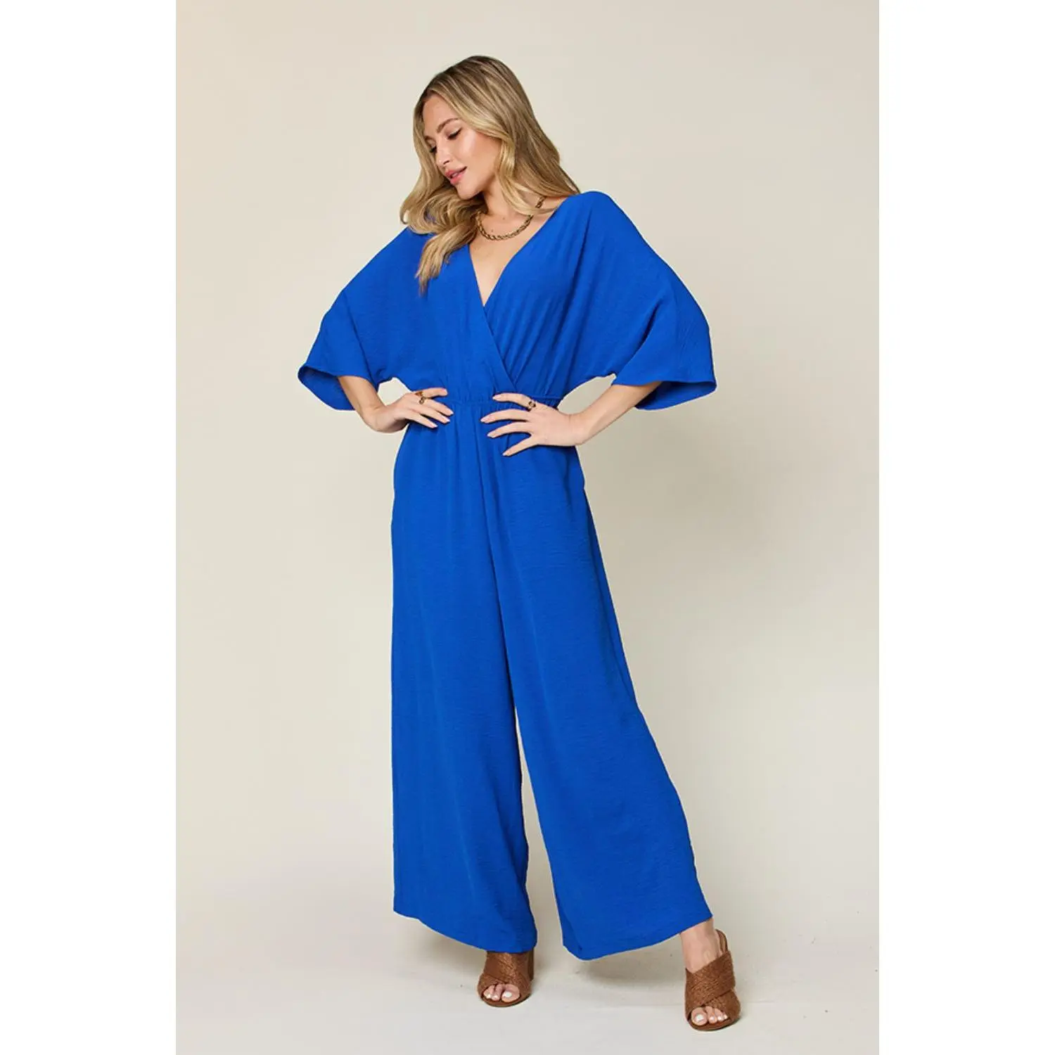 Double Take Full Size Surplice Wide Leg Jumpsuit with Pockets