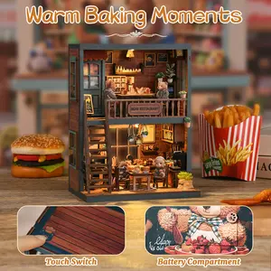 DIY Book Nook Kit, Miniature House Dollhouse for Adults & Teens, Pine Wood Material, Back-To-School Gift Idea, Bear Restaurant Design, Miniature Furniture