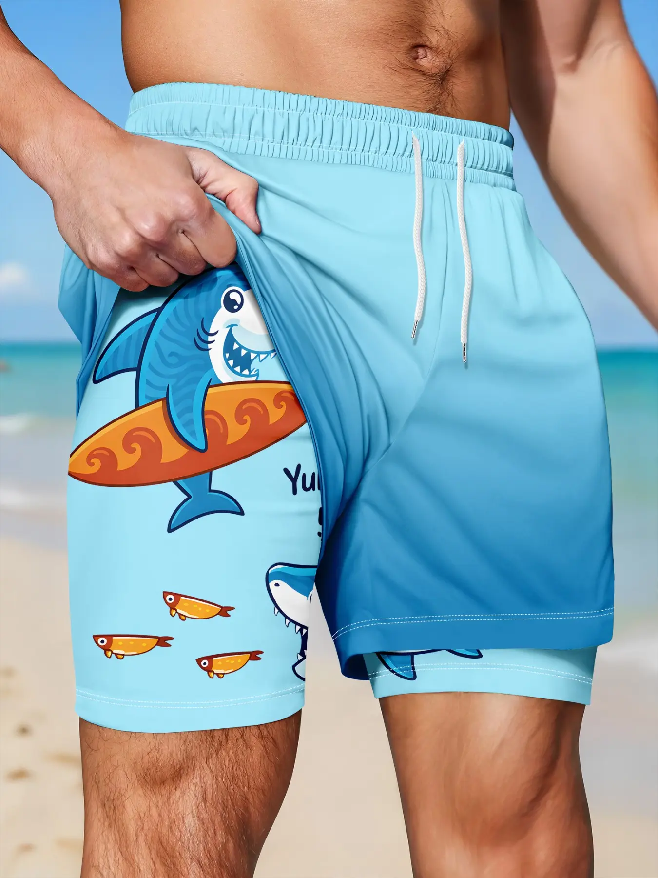 Men's Cute Surf Shark Print 2-In-1 Compression Gym Shorts, Light Blue Gradient Quick-Dry Fitness Training Shorts, Beach Style Casual Running Shorts