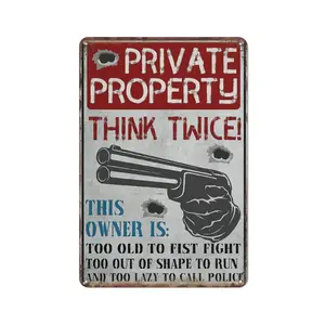 Funny Private Property Sign "Think Twice" - Vintage Metal Tin Plaque with Revolver, Humorous Warning "Too Old To Fist Fight" Home Security Decor
