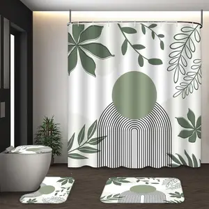 LVRLVR 4Pcs Boho Abstract Green Leaf Line Art Print Minimalist Modern Multi-Color Shower Curtain Set 70.8×70.8 Inch
