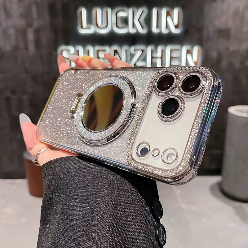 Glitter Rhinestone Phone Case with Mirror Holder a Fashionable Phone Protective Cover Phone Accessories for iPhone17 16 15 14 13 12 Pro Max with a lens protective film and has a luxurious full-rhinestone edging iphone 16 pro max case lens protector
