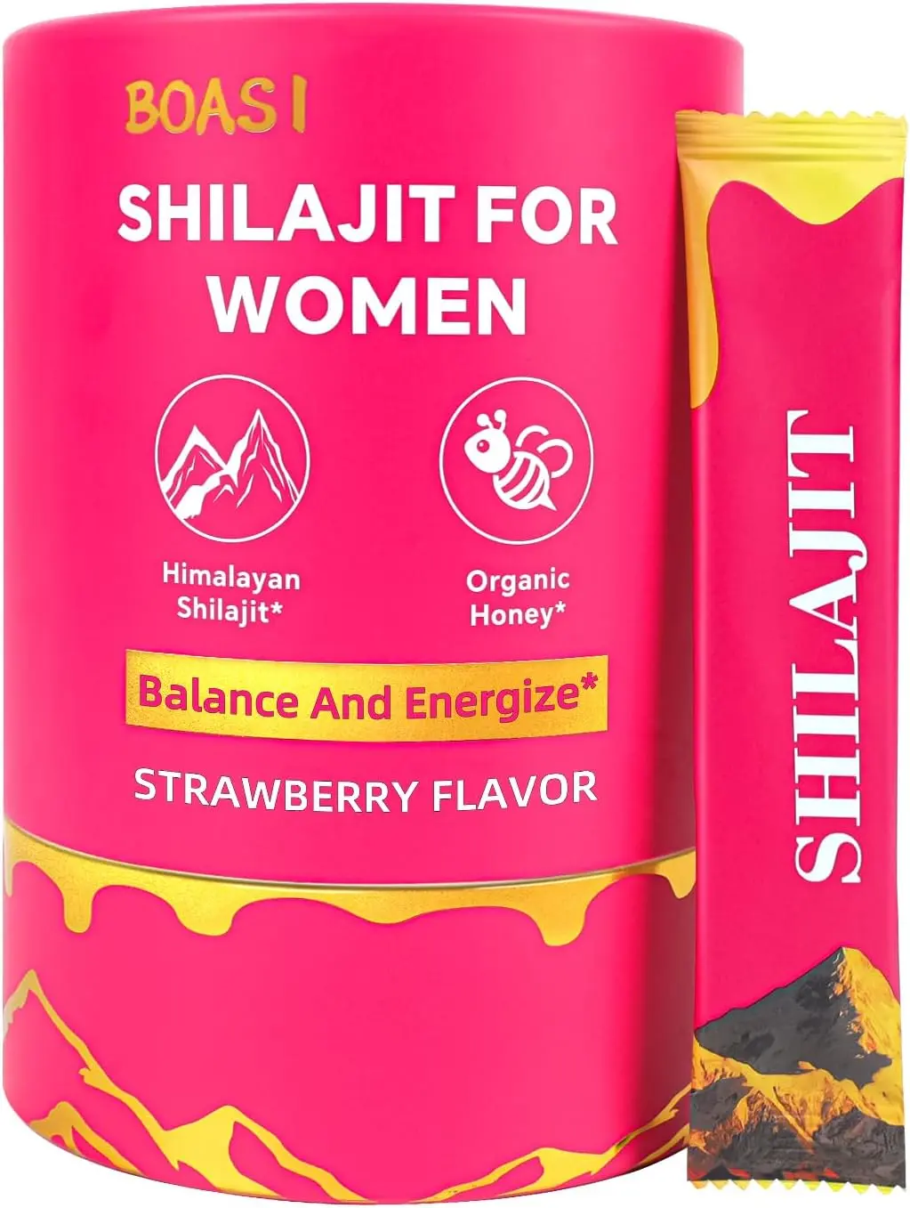 30 Sticks Strawberry Shilajit Honey Sticks for Women,Shilajit for Women with Shatavari & Saffron,for Hormonal Balance & Energy Boost